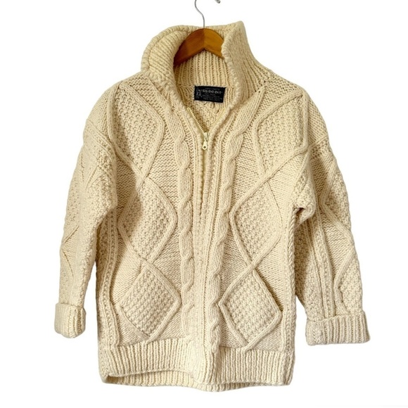 Vintage 100% Wool Cardigan Sweater Chunky Knit Fisherman Core Sisandina Large - Picture 1 of 11